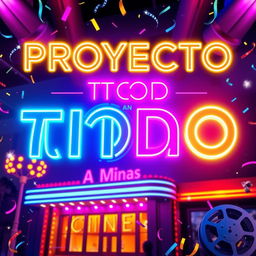 A vibrant promotional poster for 'PROYECTO A TODO RITMO' featuring neon text in bold, glowing letters