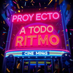 A vibrant promotional poster for 'PROYECTO A TODO RITMO' featuring neon text in bold, glowing letters