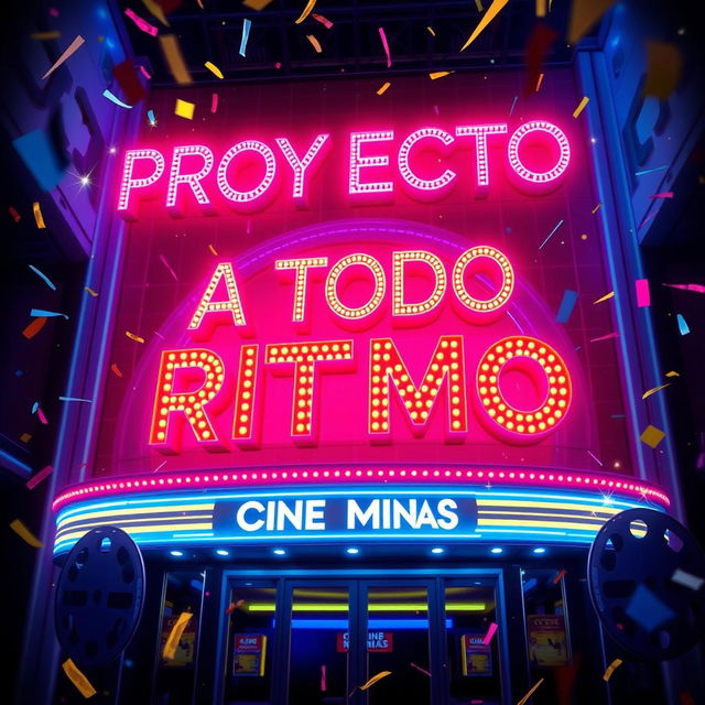 A vibrant promotional poster for 'PROYECTO A TODO RITMO' featuring neon text in bold, glowing letters