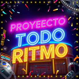 A vibrant promotional poster for 'PROYECTO A TODO RITMO' featuring neon text in bold, glowing letters