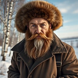 A portrait of a strong, rugged Russian man featuring traditional attributes such as a thick beard, wearing a warm fur hat and a winter coat