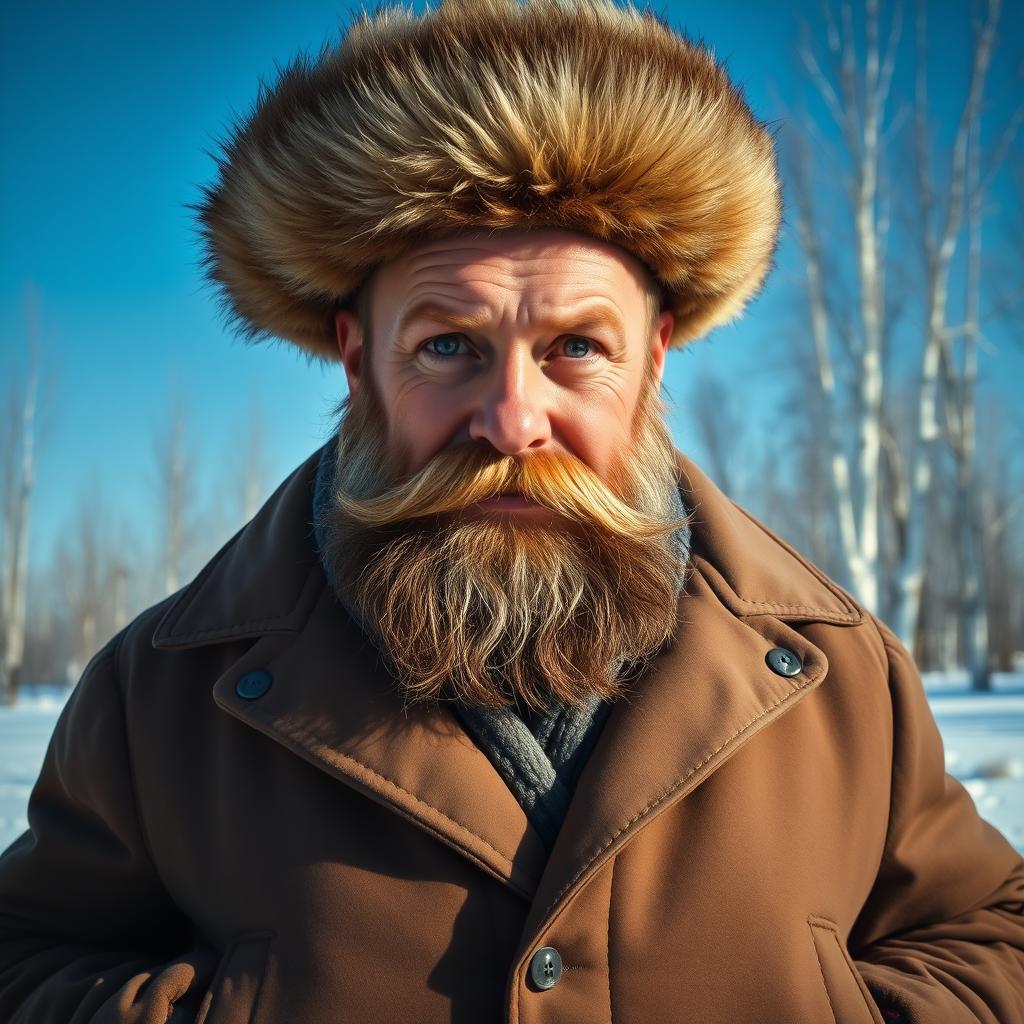 A portrait of a strong, rugged Russian man featuring traditional attributes such as a thick beard, wearing a warm fur hat and a winter coat