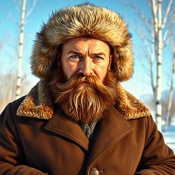 A portrait of a strong, rugged Russian man featuring traditional attributes such as a thick beard, wearing a warm fur hat and a winter coat