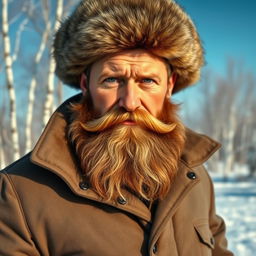 A portrait of a strong, rugged Russian man featuring traditional attributes such as a thick beard, wearing a warm fur hat and a winter coat