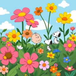 A vibrant and whimsical flower garden illustrated in the Peanuts style