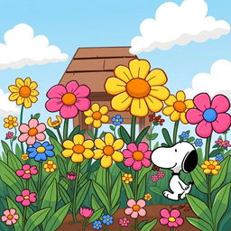 A vibrant and whimsical flower garden illustrated in the Peanuts style
