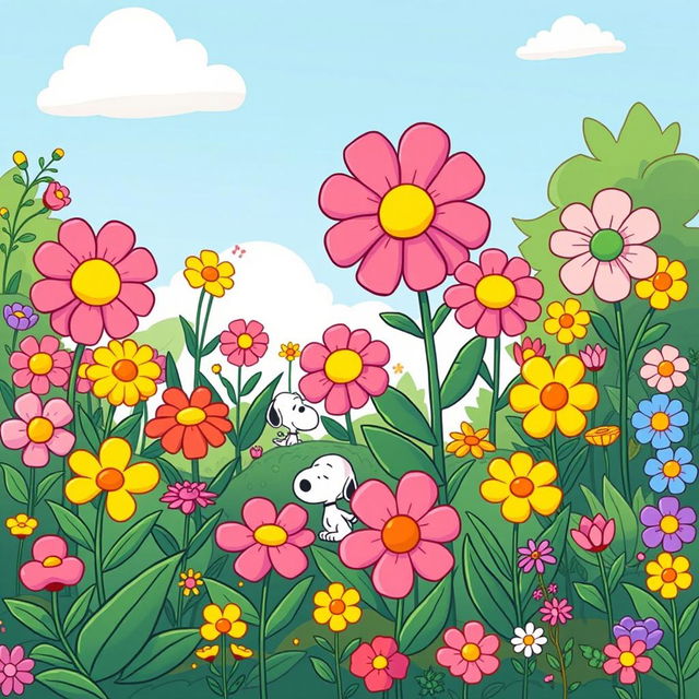 A vibrant and whimsical flower garden illustrated in the Peanuts style