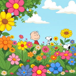 A vibrant and whimsical flower garden illustrated in the Peanuts style