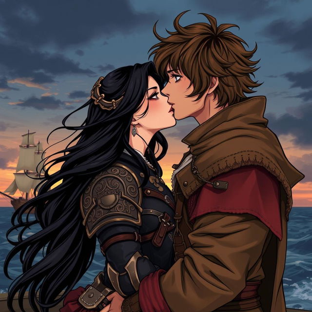 An illustration in manhwa style depicting a romantic scene of a couple kissing