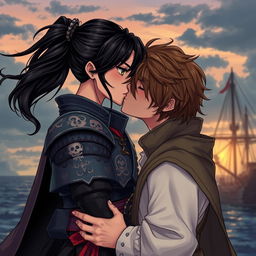 An illustration in manhwa style depicting a romantic scene of a couple kissing