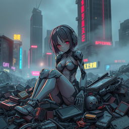 A destroyed android anime girl sitting limply in a garbage dump in a cyberpunk city, surrounded by heaps of twisted metal, shattered screens, and discarded electronic waste