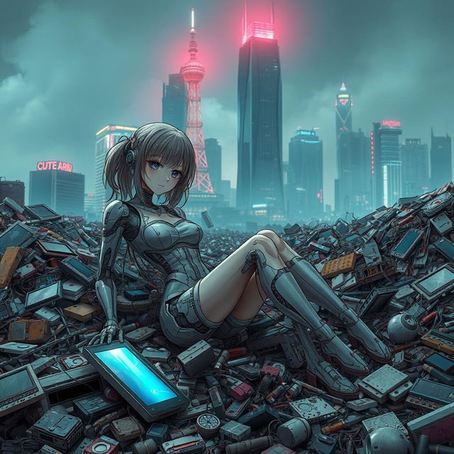 A destroyed android anime girl sitting limply in a garbage dump in a cyberpunk city, surrounded by heaps of twisted metal, shattered screens, and discarded electronic waste