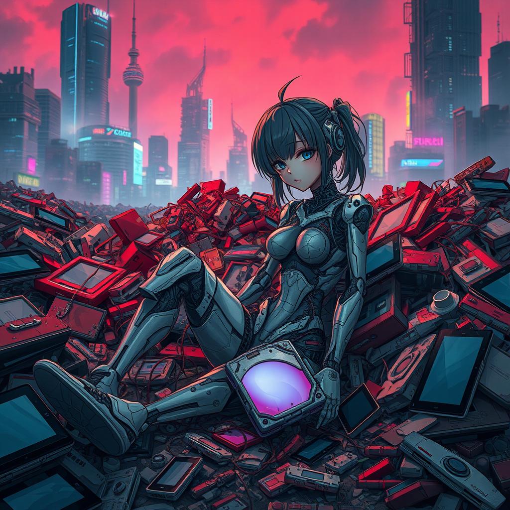 A destroyed android anime girl sitting limply in a garbage dump in a cyberpunk city, surrounded by heaps of twisted metal, shattered screens, and discarded electronic waste