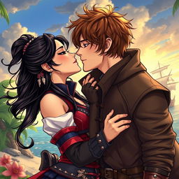A beautifully illustrated manhwa style image of a couple sharing a passionate kiss