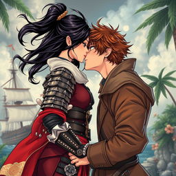 A beautifully illustrated manhwa style image of a couple sharing a passionate kiss