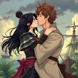 A beautifully illustrated manhwa style image of a couple sharing a passionate kiss