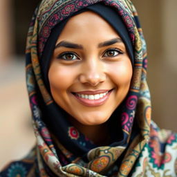 A portrait of a young woman wearing a beautifully patterned hijab, featuring intricate designs in vibrant colors