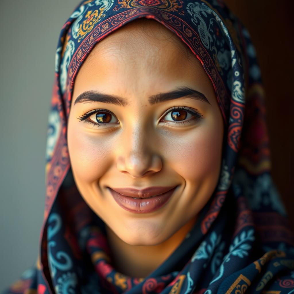 A portrait of a young woman wearing a beautifully patterned hijab, featuring intricate designs in vibrant colors