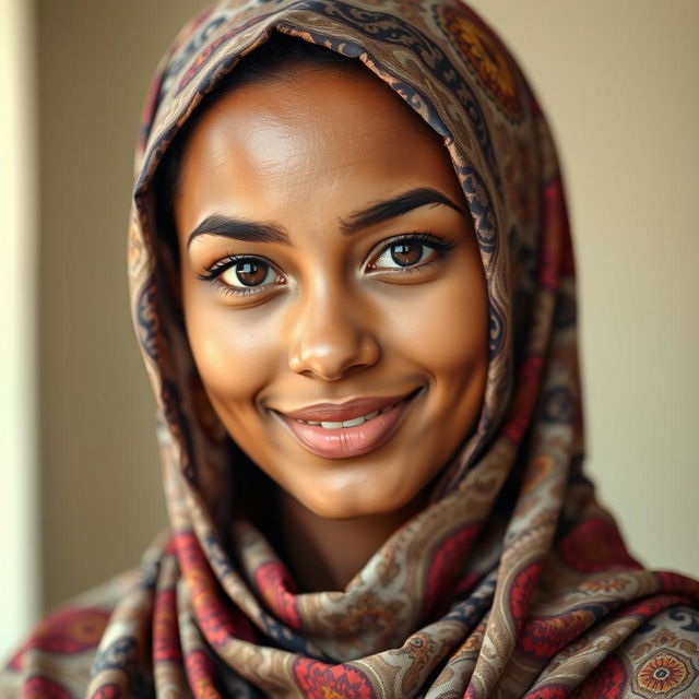 A portrait of a young woman wearing a beautifully patterned hijab, featuring intricate designs in vibrant colors