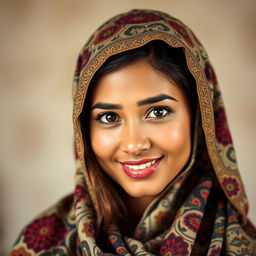 A portrait of a young woman wearing a beautifully patterned hijab, featuring intricate designs in vibrant colors