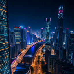 A stunning view of a modern city split by a river at night, filled with tall, futuristic buildings adorned with vibrant, eye-catching lights on every floor