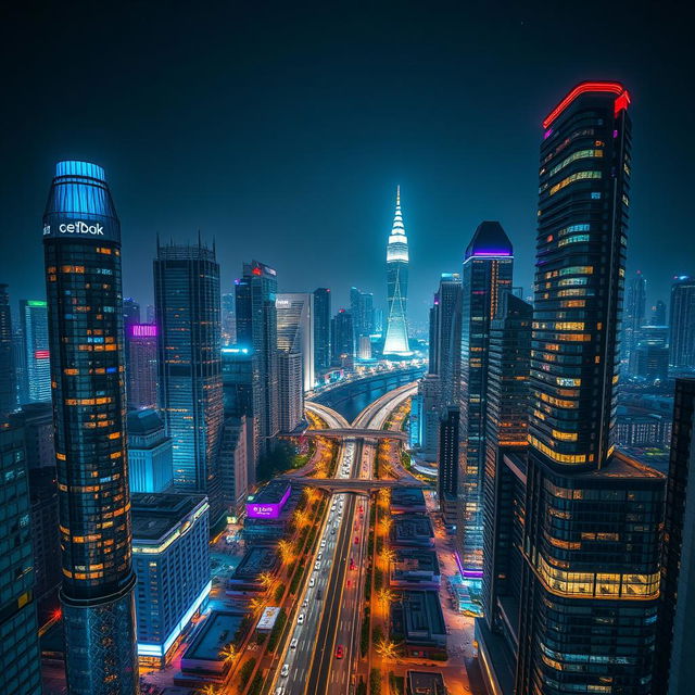 A stunning view of a modern city split by a river at night, filled with tall, futuristic buildings adorned with vibrant, eye-catching lights on every floor