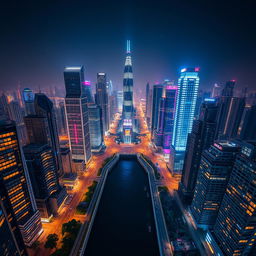 A stunning view of a modern city split by a river at night, filled with tall, futuristic buildings adorned with vibrant, eye-catching lights on every floor