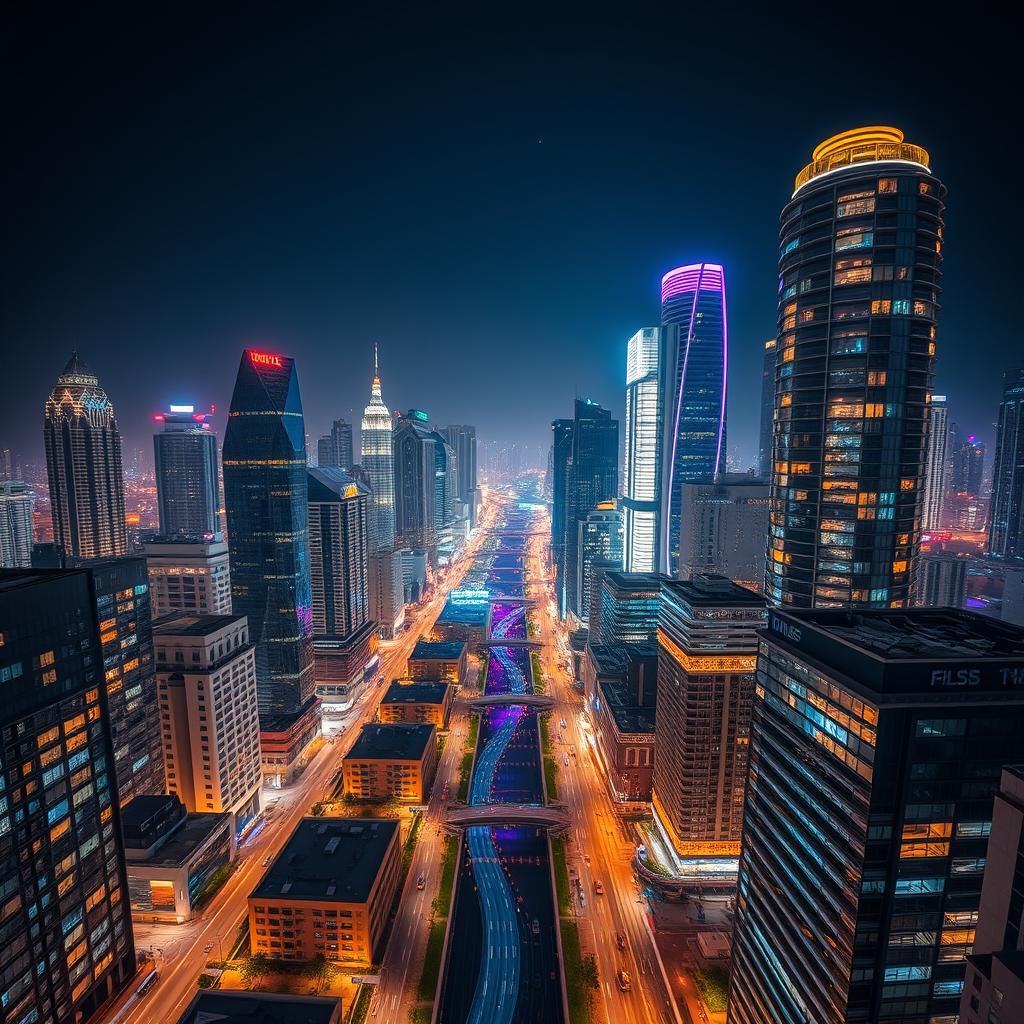 A stunning view of a modern city split by a river at night, filled with tall, futuristic buildings adorned with vibrant, eye-catching lights on every floor