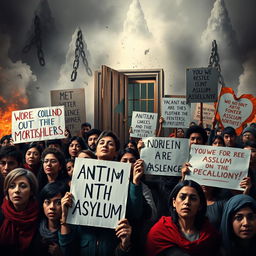A striking and impactful visual representation of the anti-asylum movement, focusing on its social and political implications
