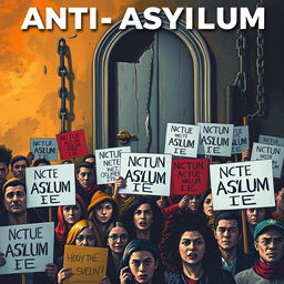 A striking and impactful visual representation of the anti-asylum movement, focusing on its social and political implications
