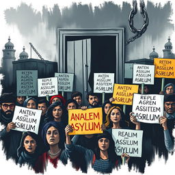 A striking and impactful visual representation of the anti-asylum movement, focusing on its social and political implications