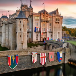 A grand royal castle at sunset with towering stone walls, fluttering banners displaying coats of arms, and a moat with a majestic drawbridge.