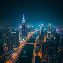 A breathtaking view of a modern city split by a wide river at night, filled with skyscrapers featuring futuristic designs illuminated by vibrant, eye-catching lights on every floor