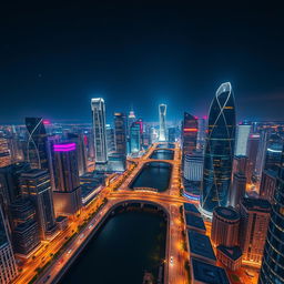 A breathtaking view of a modern city split by a wide river at night, filled with skyscrapers featuring futuristic designs illuminated by vibrant, eye-catching lights on every floor