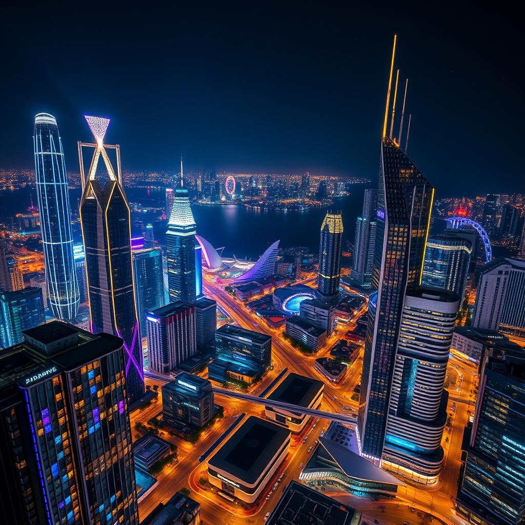 A breathtaking view of a modern city split by a wide river at night, filled with skyscrapers featuring futuristic designs illuminated by vibrant, eye-catching lights on every floor