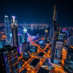 A breathtaking view of a modern city split by a wide river at night, filled with skyscrapers featuring futuristic designs illuminated by vibrant, eye-catching lights on every floor