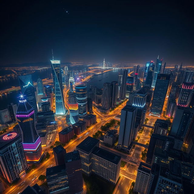 A breathtaking view of a modern city split by a wide river at night, filled with skyscrapers featuring futuristic designs illuminated by vibrant, eye-catching lights on every floor