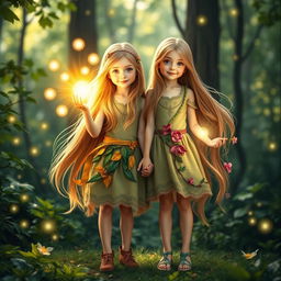 Two twin sisters standing in a lush green forest, with each sister displaying unique magical powers; one is surrounded by glowing orbs of light that radiate warmth and energy, while the other has vines and flowers growing around her, signifying her control over nature