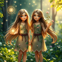 Two twin sisters standing in a lush green forest, with each sister displaying unique magical powers; one is surrounded by glowing orbs of light that radiate warmth and energy, while the other has vines and flowers growing around her, signifying her control over nature