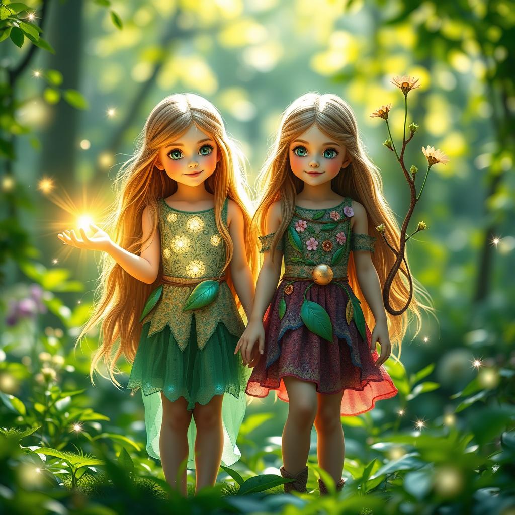 Two twin sisters standing in a lush green forest, with each sister displaying unique magical powers; one is surrounded by glowing orbs of light that radiate warmth and energy, while the other has vines and flowers growing around her, signifying her control over nature