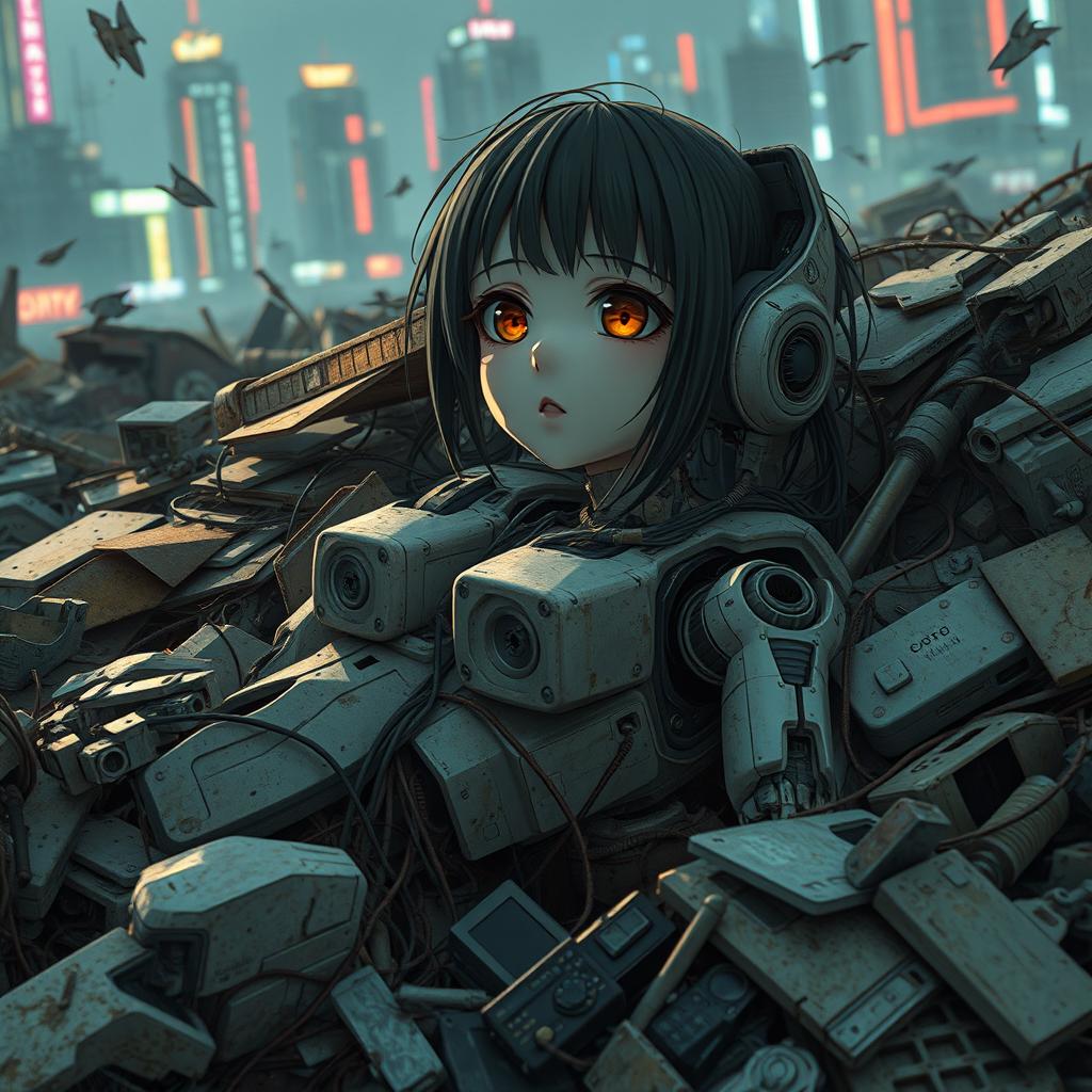 A badly damaged robot anime girl lies motionless in a long-dead state within a scrapyard of a cyberpunk city