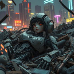 A badly damaged robot anime girl lies motionless in a long-dead state within a scrapyard of a cyberpunk city