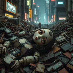 A badly damaged robot anime girl lies motionless in a long-dead state within a scrapyard of a cyberpunk city