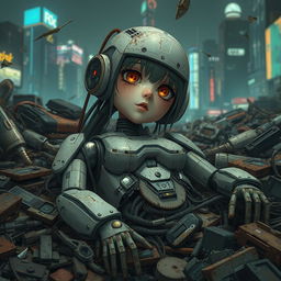 A badly damaged robot anime girl lies motionless in a long-dead state within a scrapyard of a cyberpunk city