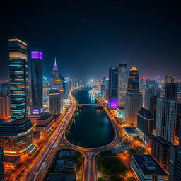 A modern cityscape at night, divided by a wide, winding river