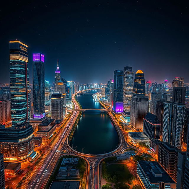 A modern cityscape at night, divided by a wide, winding river