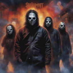 This digital art image features the heavy metal band Slipknot in their iconic attire, set against a backdrop of a chaotic concert scene