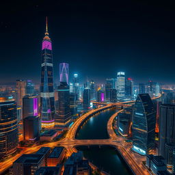 A modern cityscape at night, divided by a wide, winding river