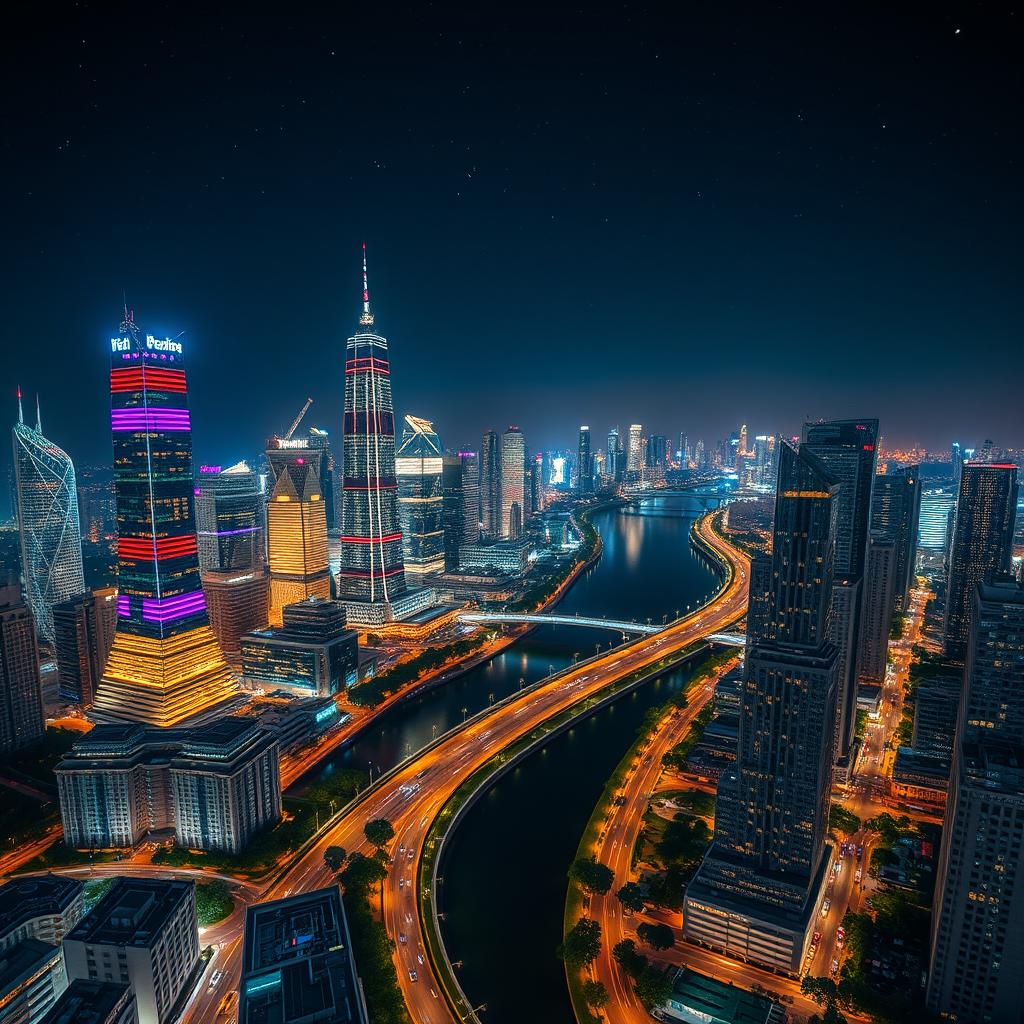 A modern cityscape at night, divided by a wide, winding river