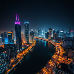 A modern cityscape at night, divided by a wide, winding river